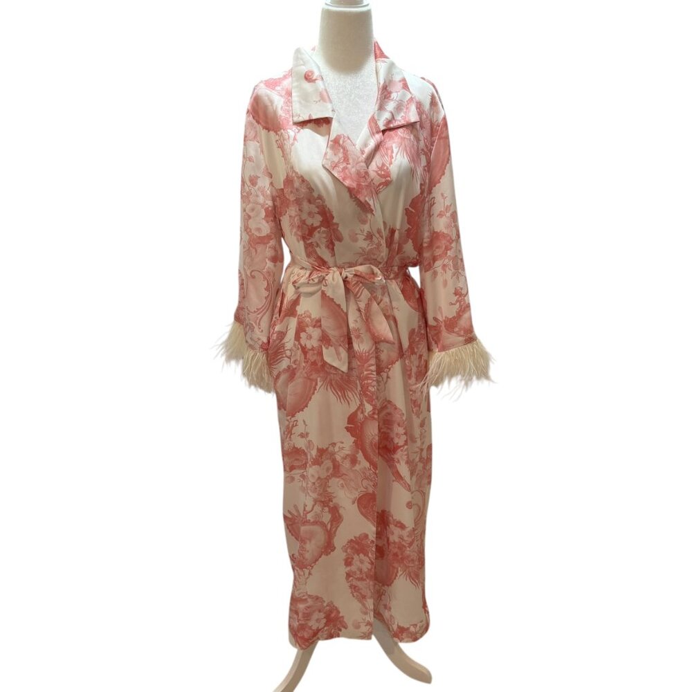 NWT Milkwhite Maxi kimono style dress w ostrich feather trim chinoiserie sleeve
